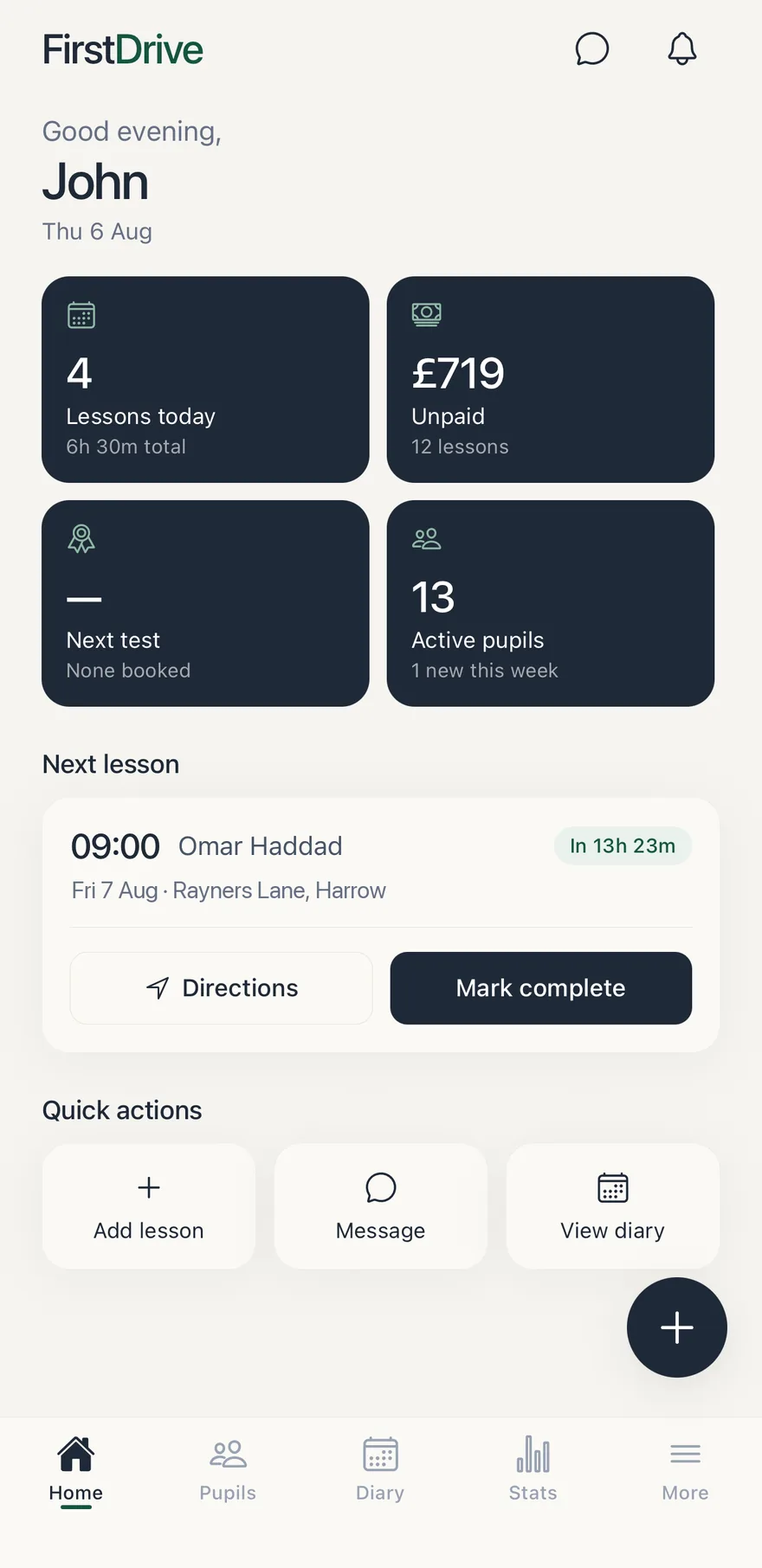 The FirstDrive home screen: today's lessons, what's unpaid, and the next lesson with directions