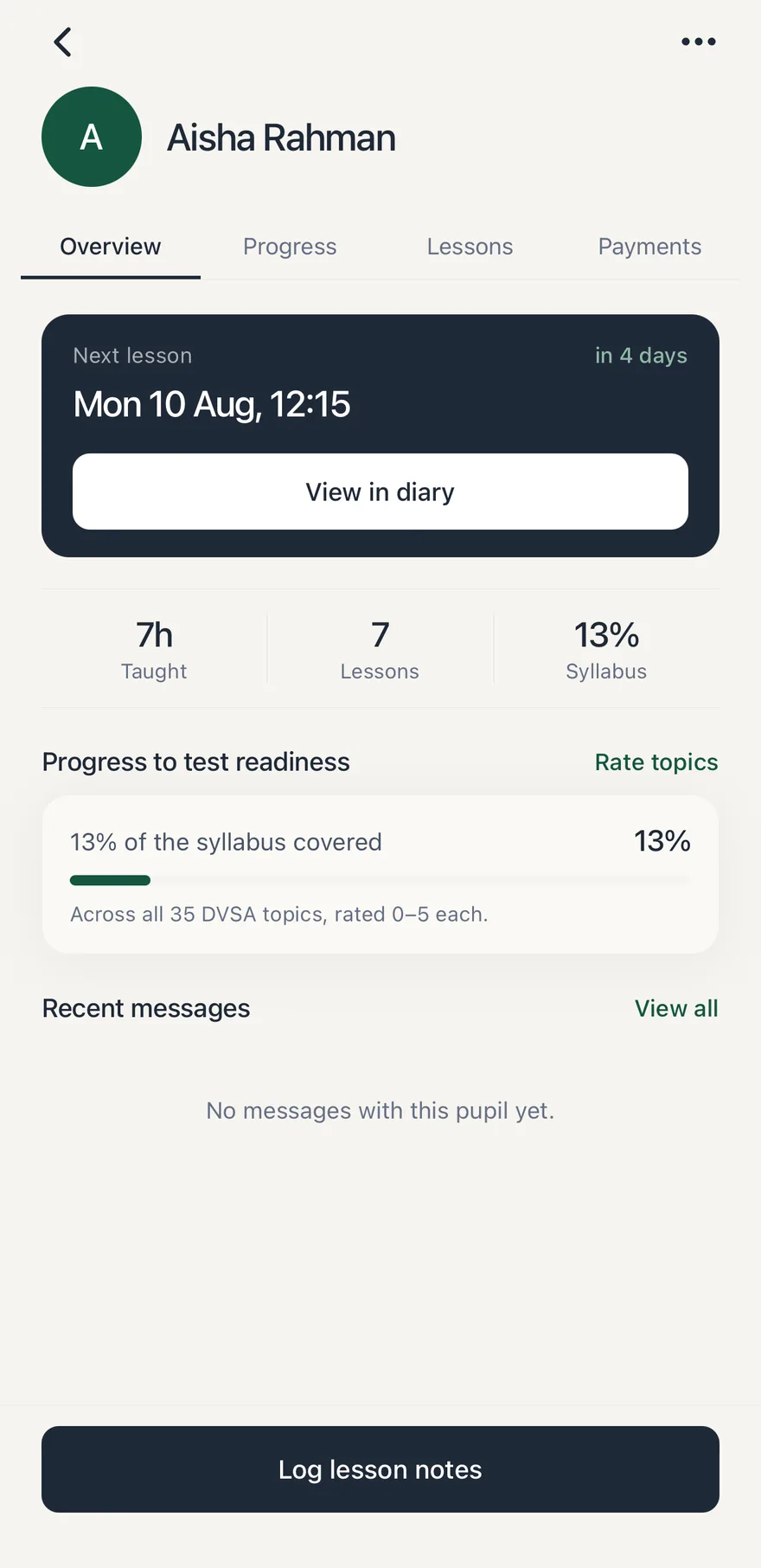 One pupil's record: next lesson, hours taught and syllabus progress