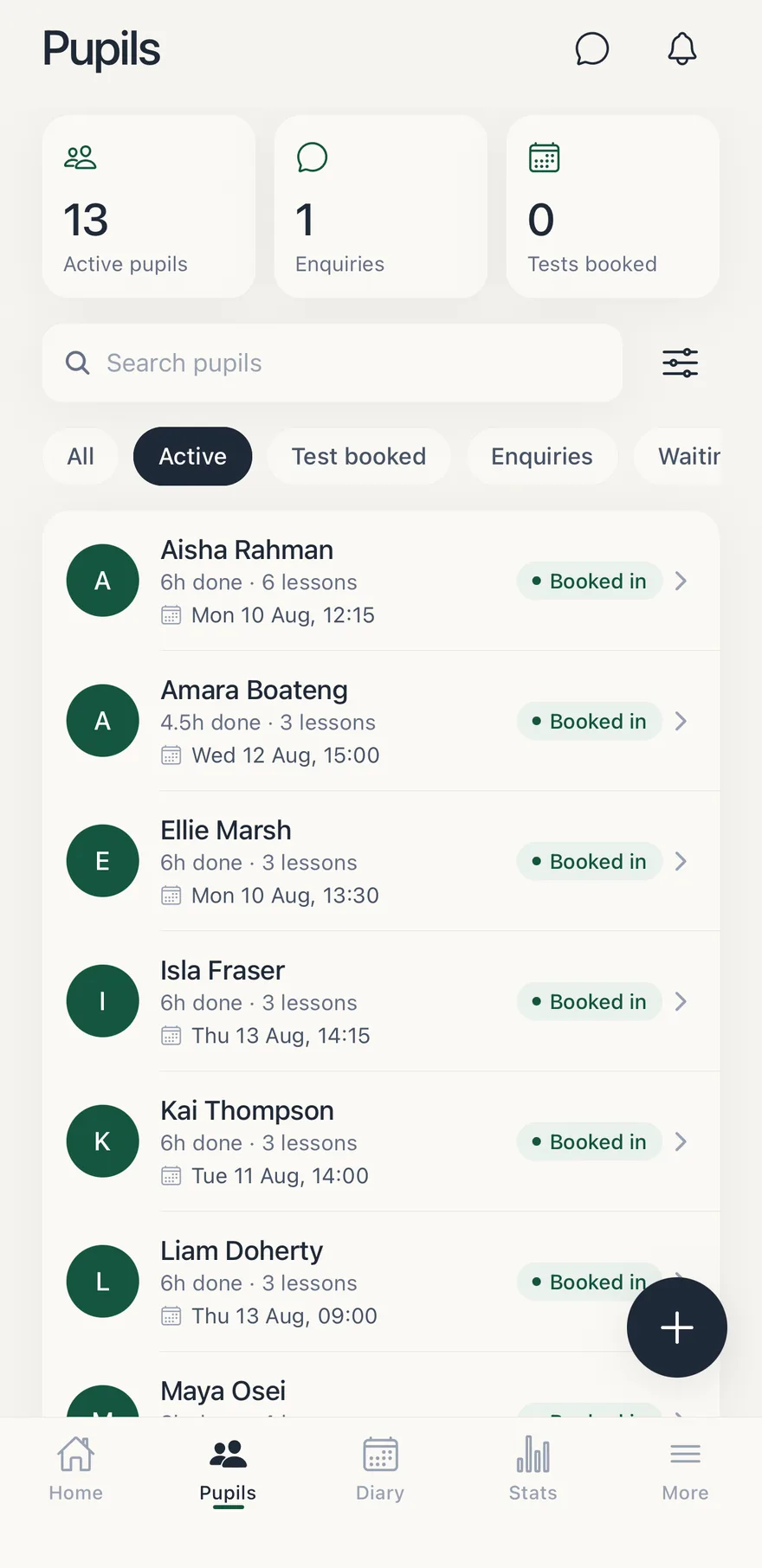 The pupil list, each with hours done and their next lesson